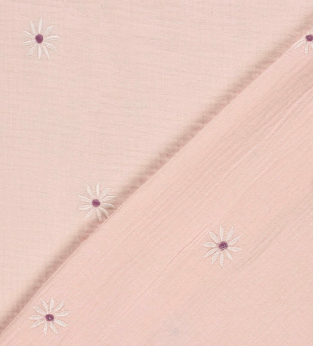Musselin Stoff Stickerei Blumen Rosa