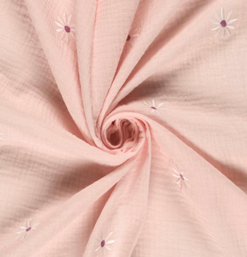 Musselin Stoff Stickerei Blumen Rosa